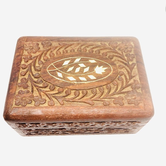 Vintage Small Wooden Box Jewelry Trinket Hand Carved Wood Inlay/" India/"